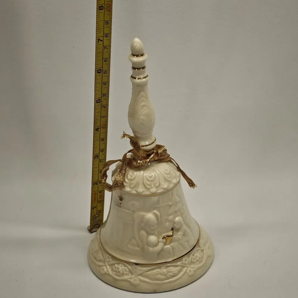 Vintage Ivory Porcelain Christmas Bell Santa Reading Children Gold Trim 7 Inch